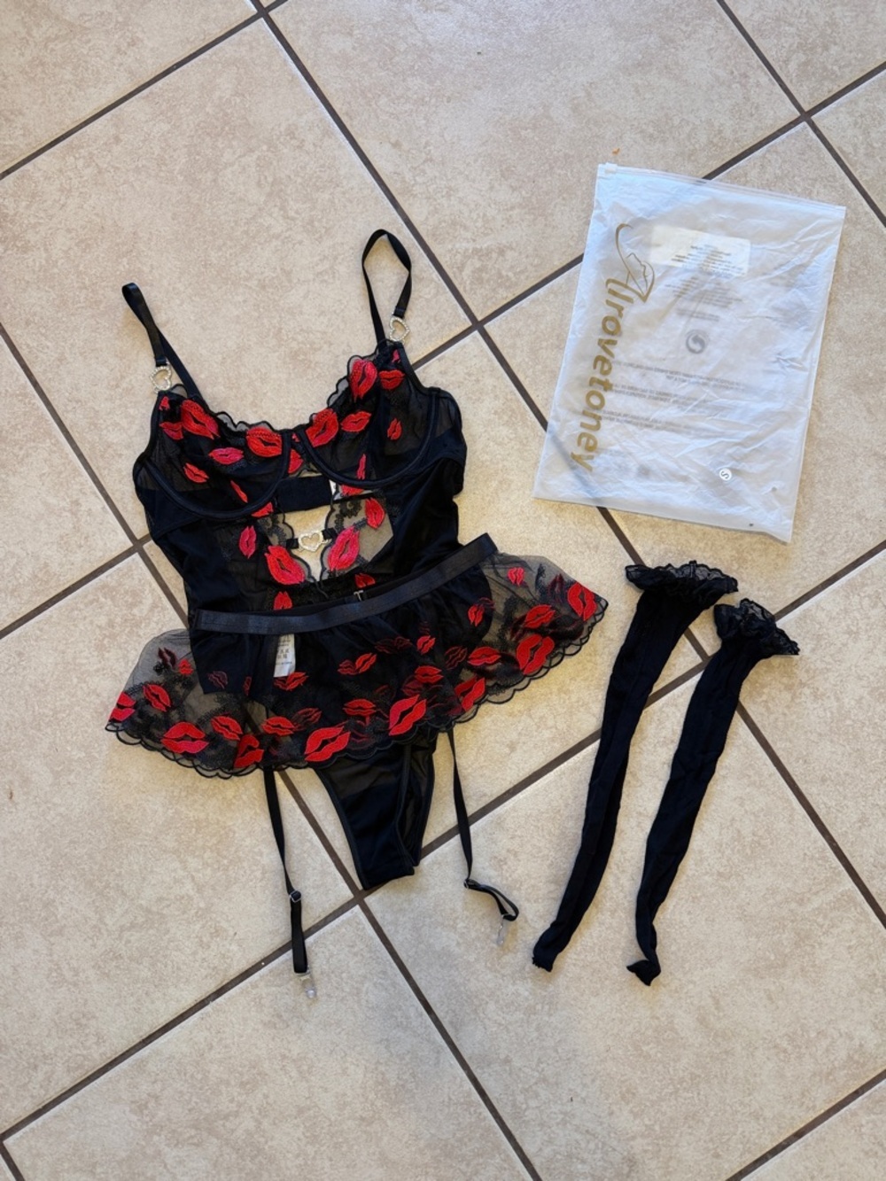 Black Lace Chemise with Red Lip Embroidery